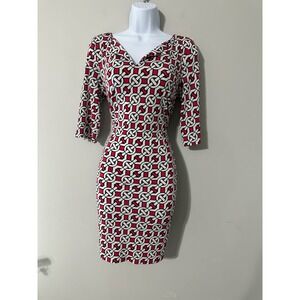 Laundry by Design Red White Geometric Print Sheath Knee Length Dress Size 4